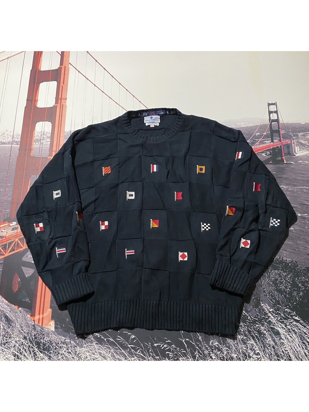 Vintage English Sports Shop Sweater Mens Size XL Blue Nautical Flag Cotton Knit